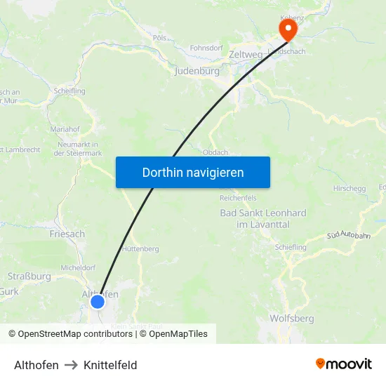 Althofen to Knittelfeld map