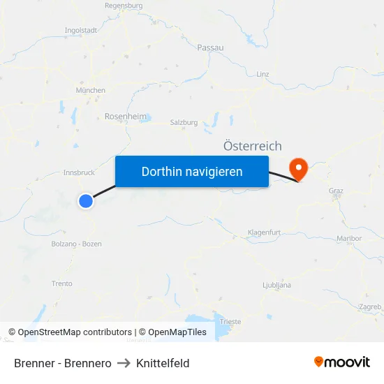 Brenner - Brennero to Knittelfeld map