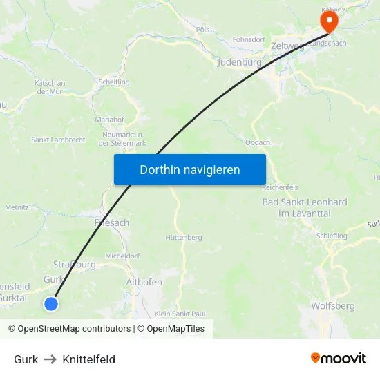 Gurk to Knittelfeld map