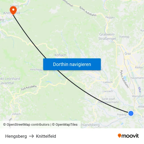 Hengsberg to Knittelfeld map