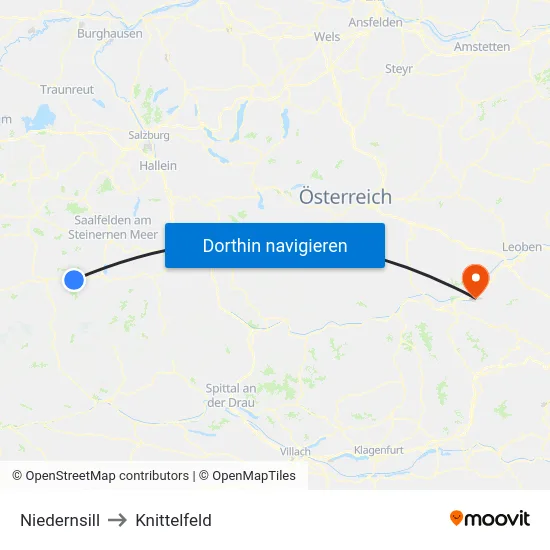 Niedernsill to Knittelfeld map