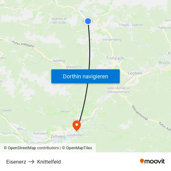 Eisenerz to Knittelfeld map