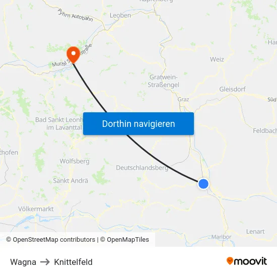 Wagna to Knittelfeld map
