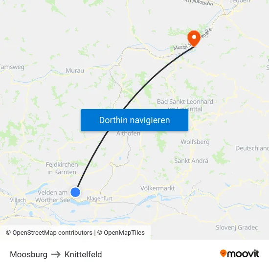Moosburg to Knittelfeld map