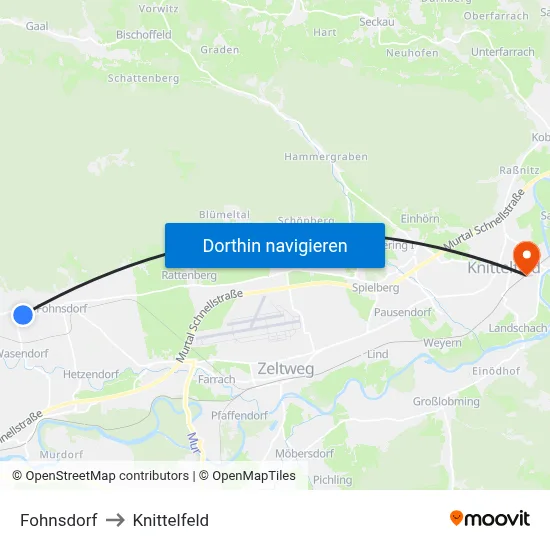 Fohnsdorf to Knittelfeld map