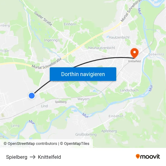 Spielberg to Knittelfeld map