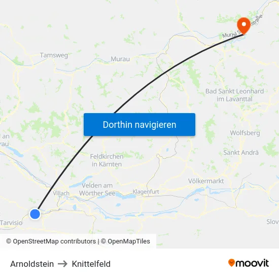 Arnoldstein to Knittelfeld map