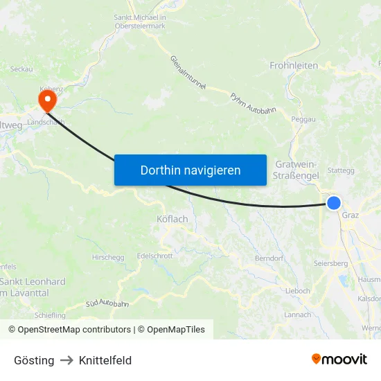 Gösting to Knittelfeld map