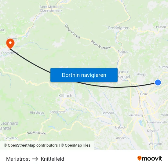 Mariatrost to Knittelfeld map