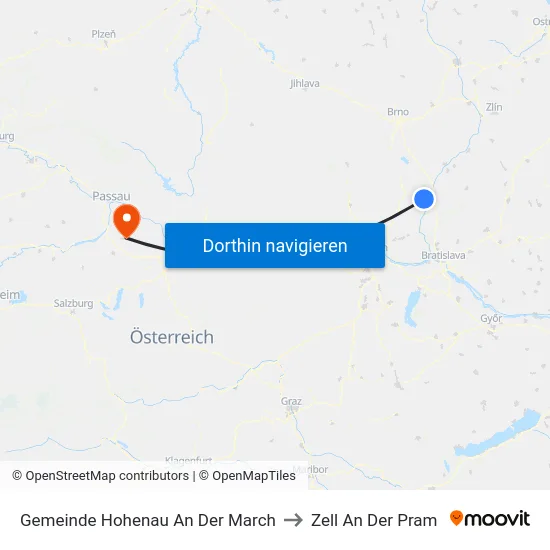 Gemeinde Hohenau An Der March to Zell An Der Pram map