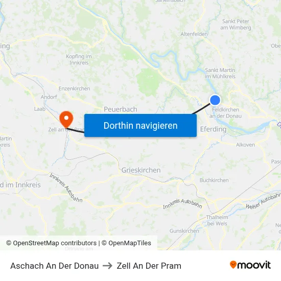 Aschach An Der Donau to Zell An Der Pram map