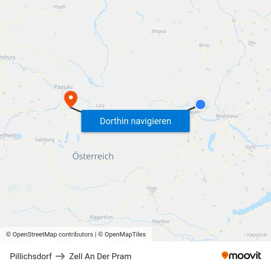 Pillichsdorf to Zell An Der Pram map