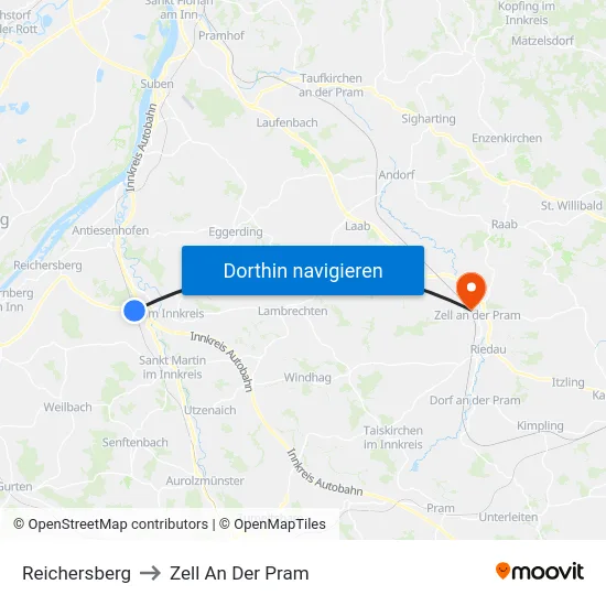 Reichersberg to Zell An Der Pram map