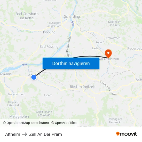 Altheim to Zell An Der Pram map