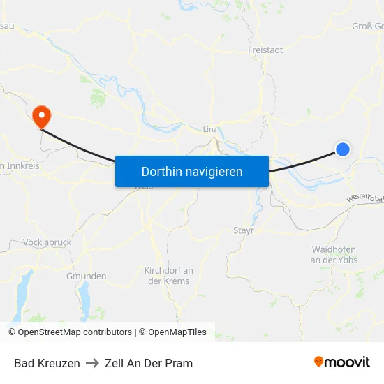 Bad Kreuzen to Zell An Der Pram map