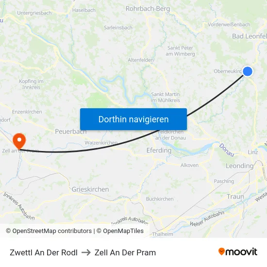 Zwettl An Der Rodl to Zell An Der Pram map