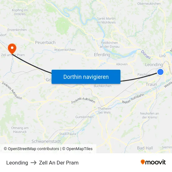 Leonding to Zell An Der Pram map