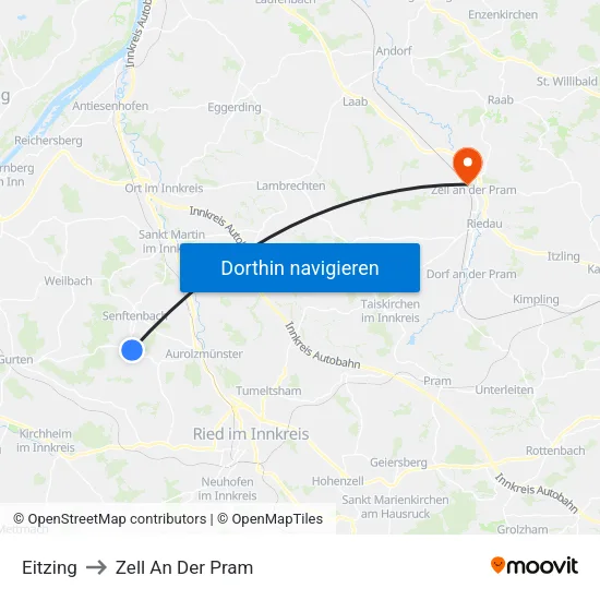 Eitzing to Zell An Der Pram map