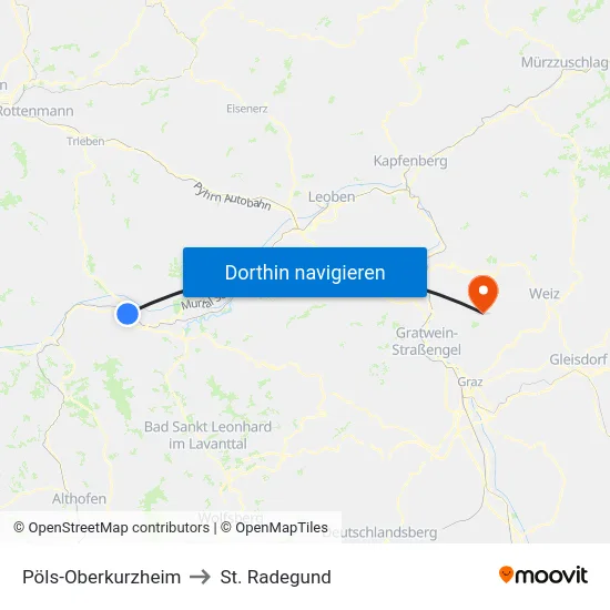 Pöls-Oberkurzheim to St. Radegund map