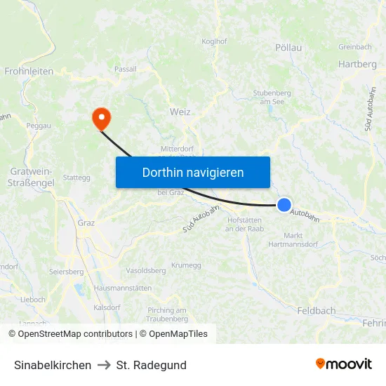 Sinabelkirchen to St. Radegund map