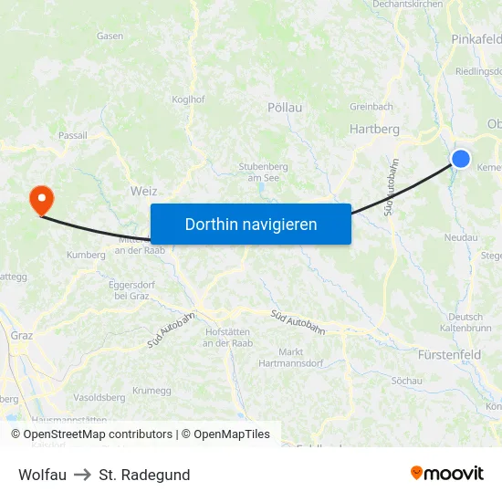 Wolfau to St. Radegund map