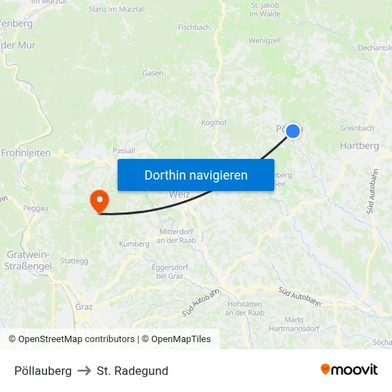Pöllauberg to St. Radegund map