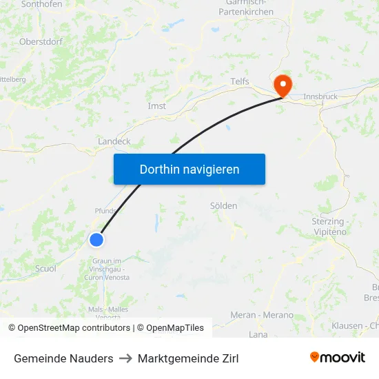 Gemeinde Nauders to Marktgemeinde Zirl map