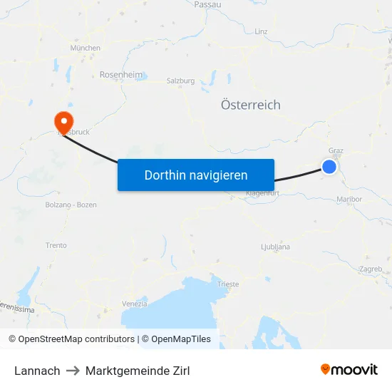 Lannach to Marktgemeinde Zirl map