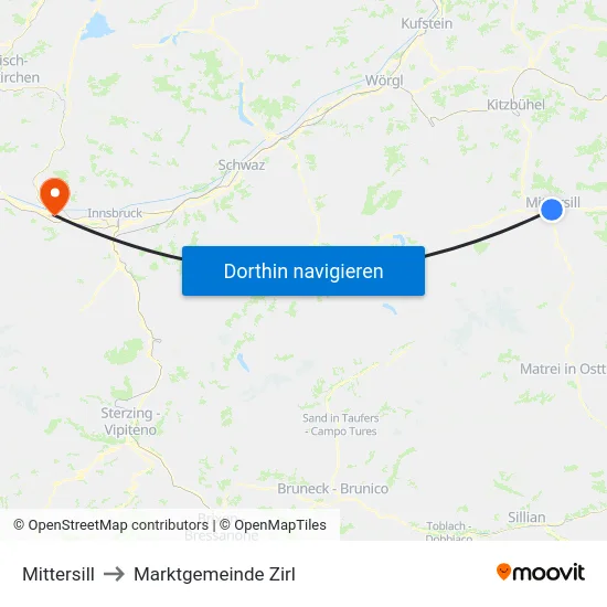 Mittersill to Marktgemeinde Zirl map