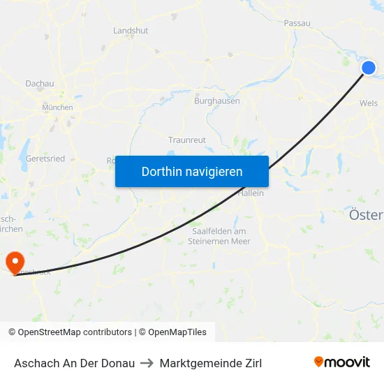 Aschach An Der Donau to Marktgemeinde Zirl map