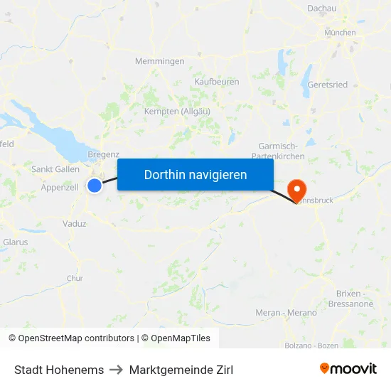 Stadt Hohenems to Marktgemeinde Zirl map