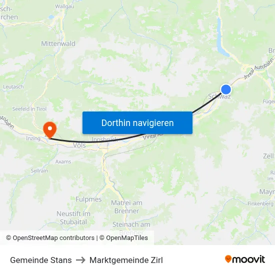 Gemeinde Stans to Marktgemeinde Zirl map