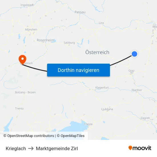 Krieglach to Marktgemeinde Zirl map