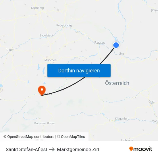 Sankt Stefan-Afiesl to Marktgemeinde Zirl map