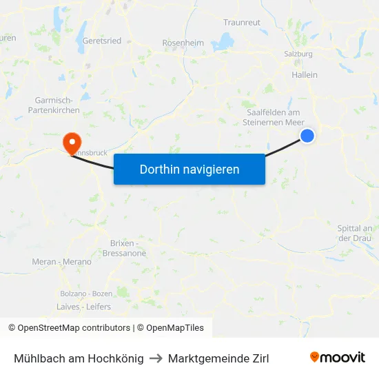 Mühlbach am Hochkönig to Marktgemeinde Zirl map