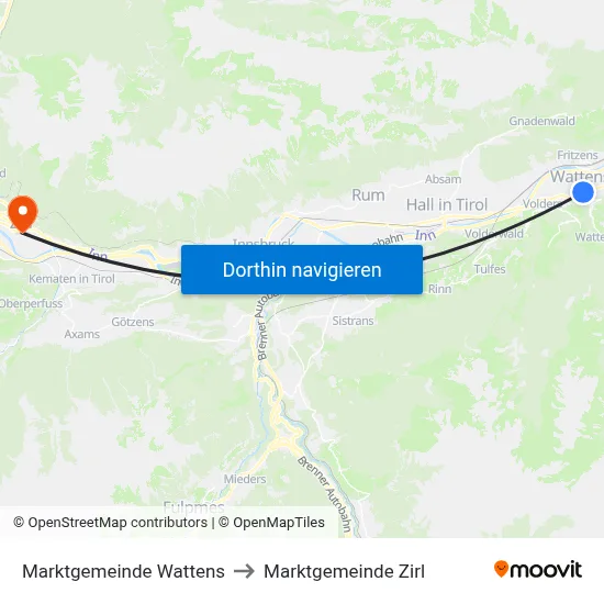 Marktgemeinde Wattens to Marktgemeinde Zirl map