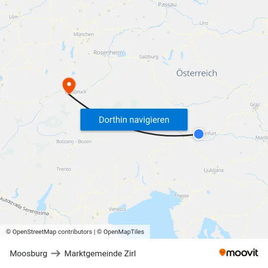 Moosburg to Marktgemeinde Zirl map