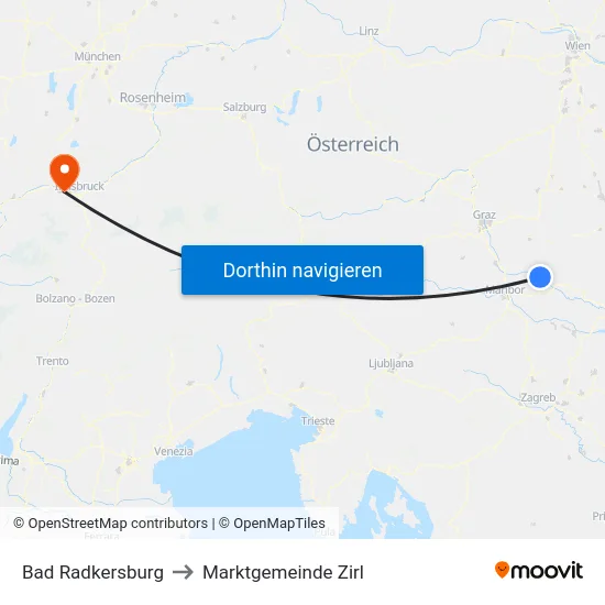 Bad Radkersburg to Marktgemeinde Zirl map