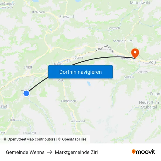 Gemeinde Wenns to Marktgemeinde Zirl map