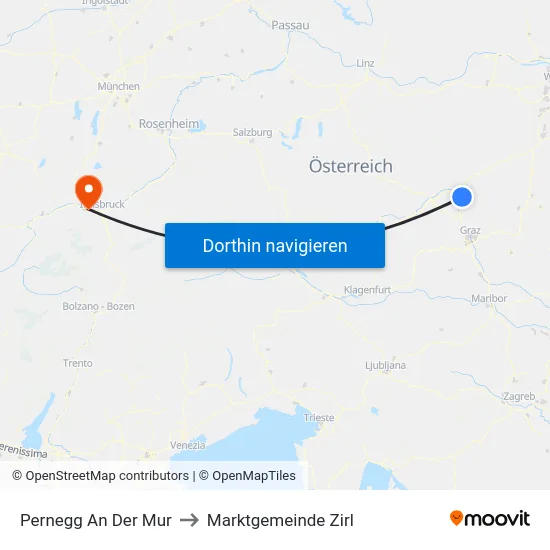 Pernegg An Der Mur to Marktgemeinde Zirl map