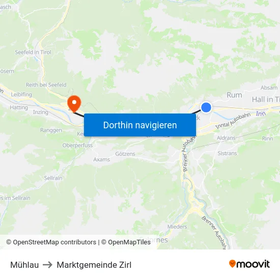 Mühlau to Marktgemeinde Zirl map