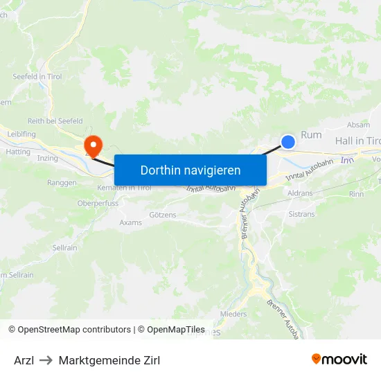 Arzl to Marktgemeinde Zirl map
