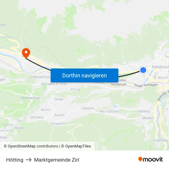 Hötting to Marktgemeinde Zirl map