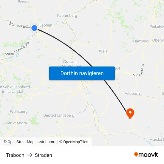 Traboch to Straden map