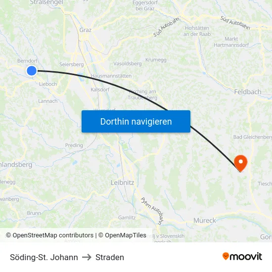 Söding-St. Johann to Straden map
