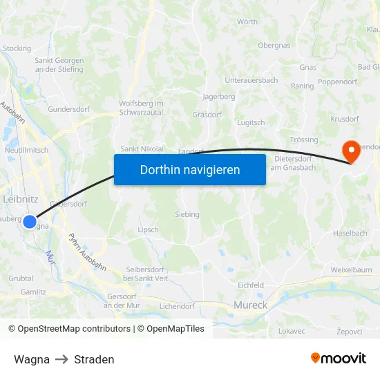 Wagna to Straden map