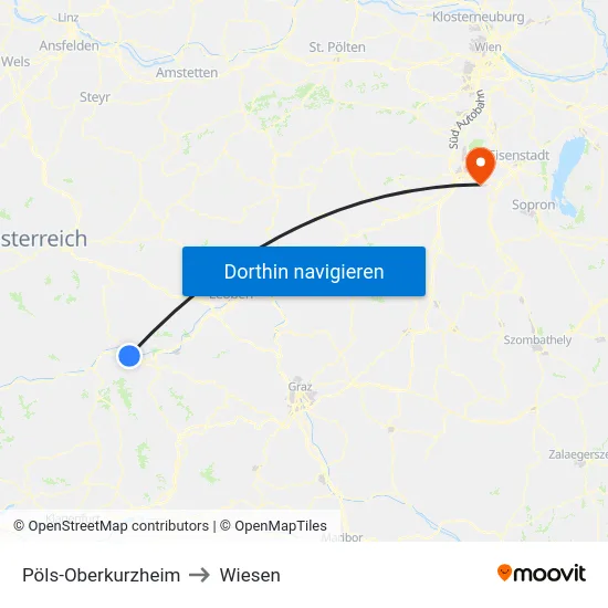 Pöls-Oberkurzheim to Wiesen map
