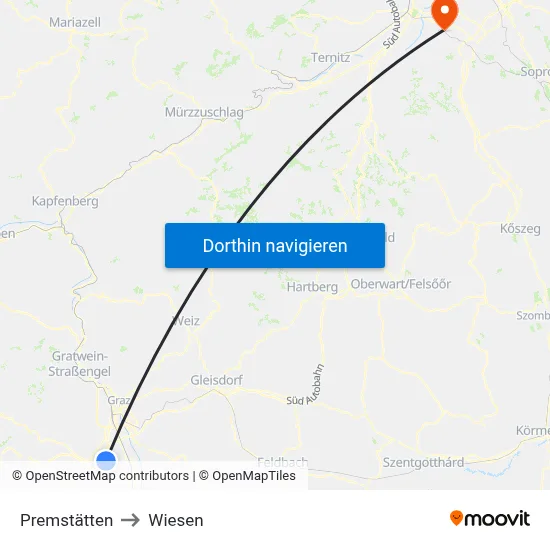 Premstätten to Wiesen map