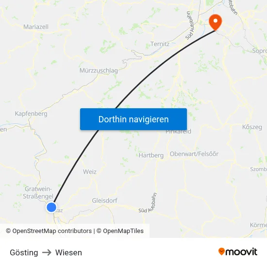 Gösting to Wiesen map