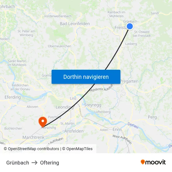 Grünbach to Oftering map